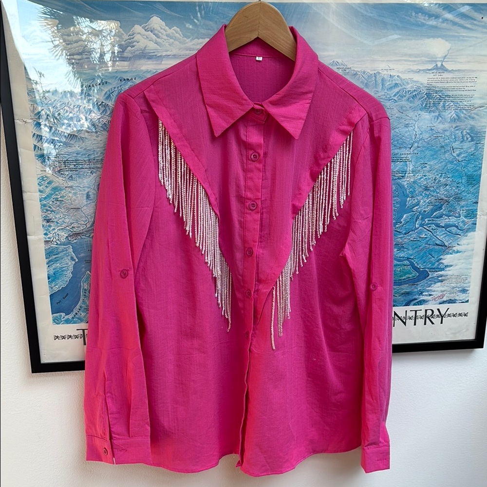 Pink Pony Club Button-Up Western-Style Shirt with Beaded Fringe XL